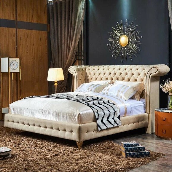 Klassisches Schlafzimmer Bett Beige Textil Betten Leder Polster Doppel 180x200cm