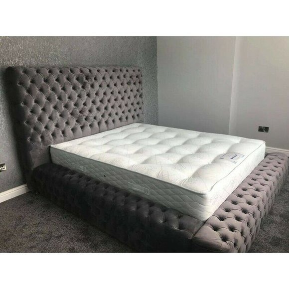 Chesterfield Bett Schlafzimmer Betten Textil 180x200cm Samt Big Hotel Grau Neu