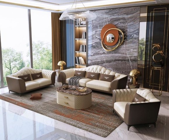 Italienische Sofagarnitur Leder Sitz Polster Couch 3+2+1 Gruppe Garnituren Beige