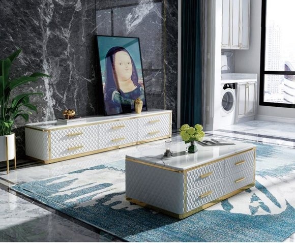 Edelstahl Sideboard Leder Marmor Imitation Stein Couchtische 200x40cm Tische