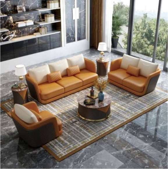 Edle Luxus Klasse Wohn Zimmer Set Garnitur Sofa Couch Polster 7tlg. Set Leder