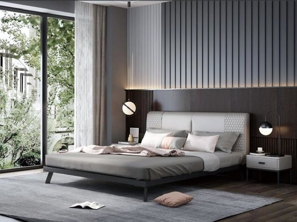 Luxus Design Leder Bett Metall Gold Betten Polster Hotel 180x200cm Grau Doppel