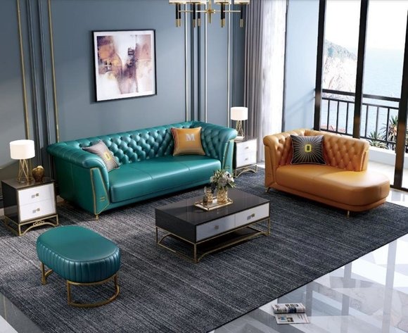 Moderne Bunte Garnitur Sofa Leder Couch 4 Sitzer Chaiselounge Liege Hocker 3tlg