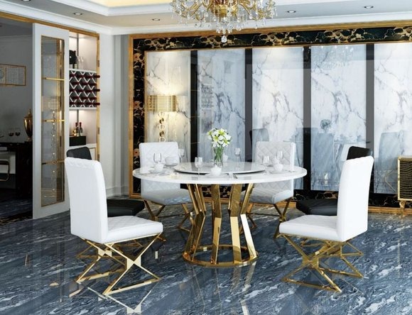 Esszimmer Garnitur Moderner Esstisch + 6 Lehnstühle Metall Leder Set Gruppe Neu