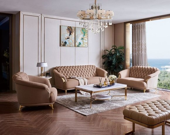 Chesterfield Design Sofa Couch Polster Sitz Garnitur 3+2+1 Leder Luxus Metall
