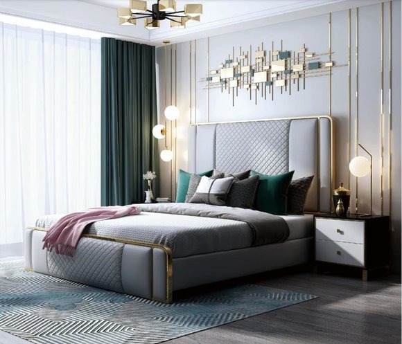 Designer Doppelbett Bett Hotel Luxus Schlafzimmer 140/160x200cm Leder Metall Neu