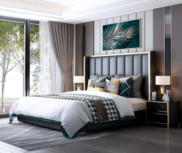Luxus Bett Schlafzimmer Italienisches Leder Polster Doppel Betten Metall Design