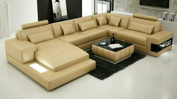 Ecksofa Ledersofa Polster Wohnlandschaft Couch Sofa Eckgarnitur U Form Beige neu