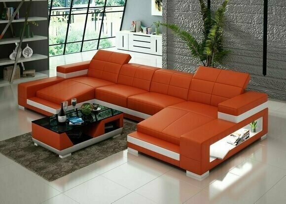 Ecksofa Sofa Wohnlandschaft U Form Polster Couch Ledersofa Orange Sofas Garnitur