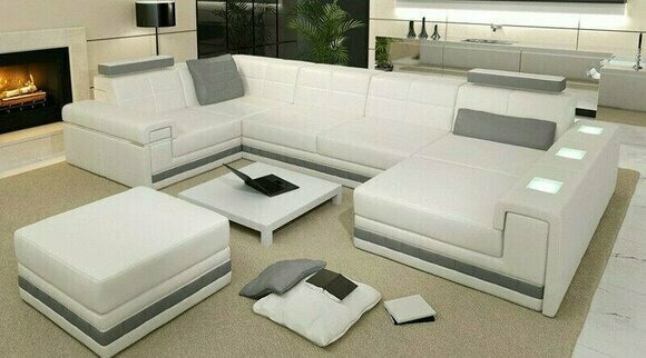 Ecksofa Sofa Wohnlandschaft U Form Polster Couch Ledersofa + Hocker Leder Sofas