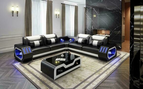 LED Beleuchtete Ecksofa Wohnzimmer Leder Couch Sitz Polster Wohnlandschaft Sofa