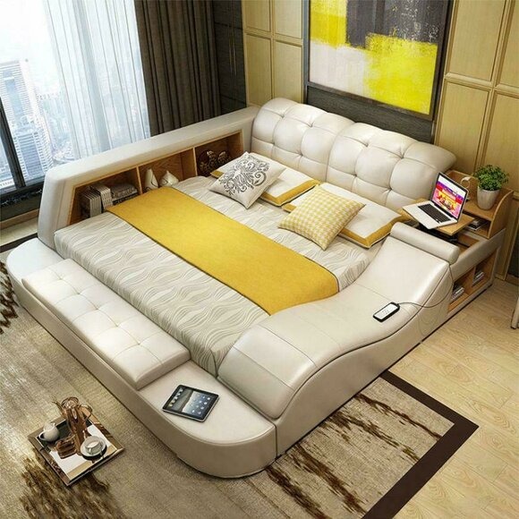 Luxus Funktions Bett mit Tresor Laptop Ablage Doppel Ehe Betten xxl Hotel Leder