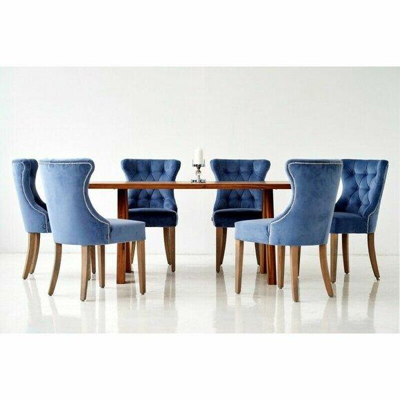 Holz Tisch + 6 Chesterfield Stühle Esszimmer Gruppe Stuhl Garnitur Polster Lehn