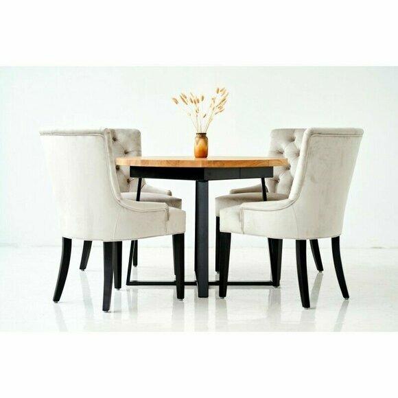 Design Esszimmer Tisch + 6 Chesterfield Lehnstühle Sitz Gruppe Stühle Holz Stuhl