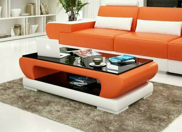 Design Glastisch Leder Couch Tisch Tische Glas Sofa Wohnzimmertische Orange Neu