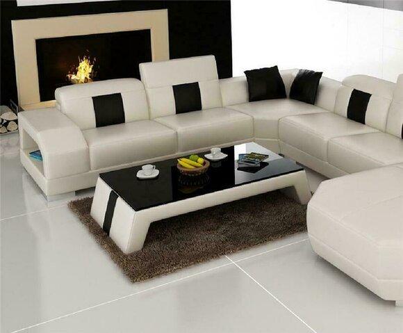 Design Glastisch Leder Couch Tisch Tische Glas Sofa Wohnzimmertische Beige Neu