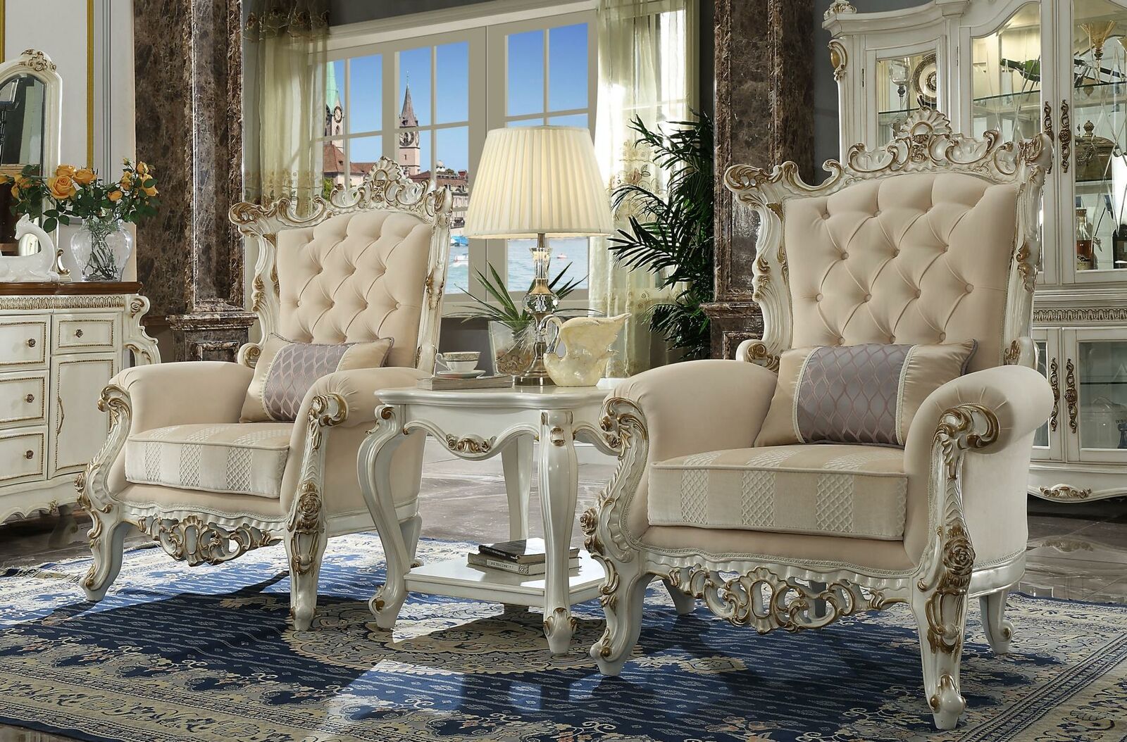 Thron Sessel Königlicher Polster 1 Sitzer Antik Stil Stühle Beige Holz Barock