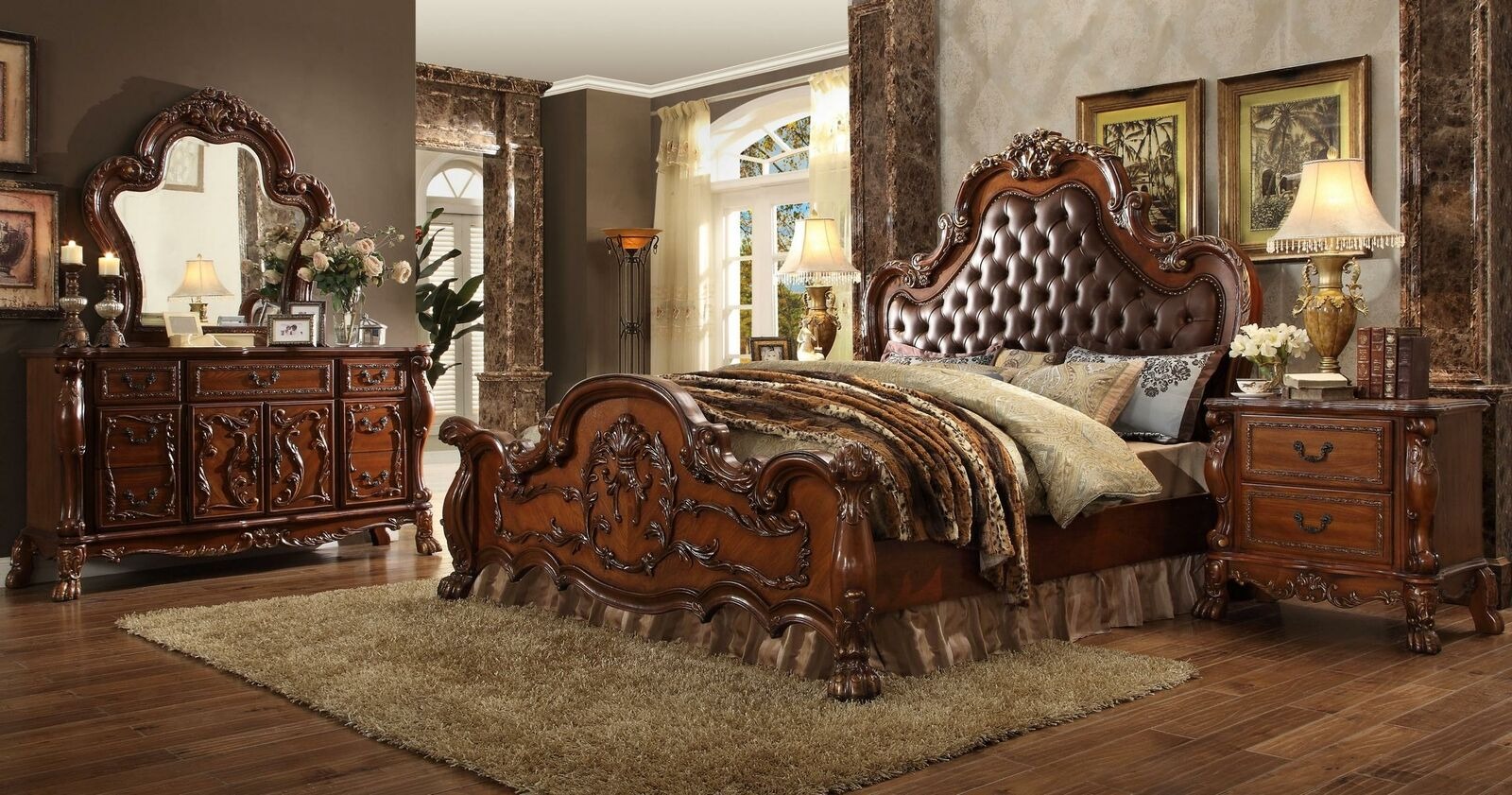Bett 2x Nachttische 3tlg. Set Möbel Barock Rokoko Schlafzimmer Set Chesterfield