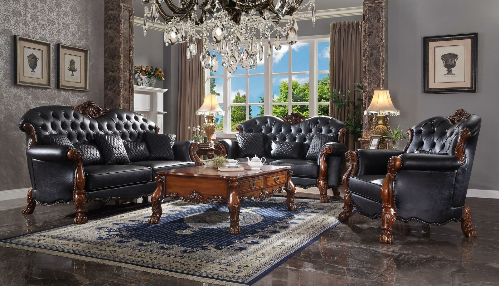 Komplett Set Sofagarnitur 3+1 Sitzer Holz Wohnlandschaft 2tlg Gruppe Geschnitzt