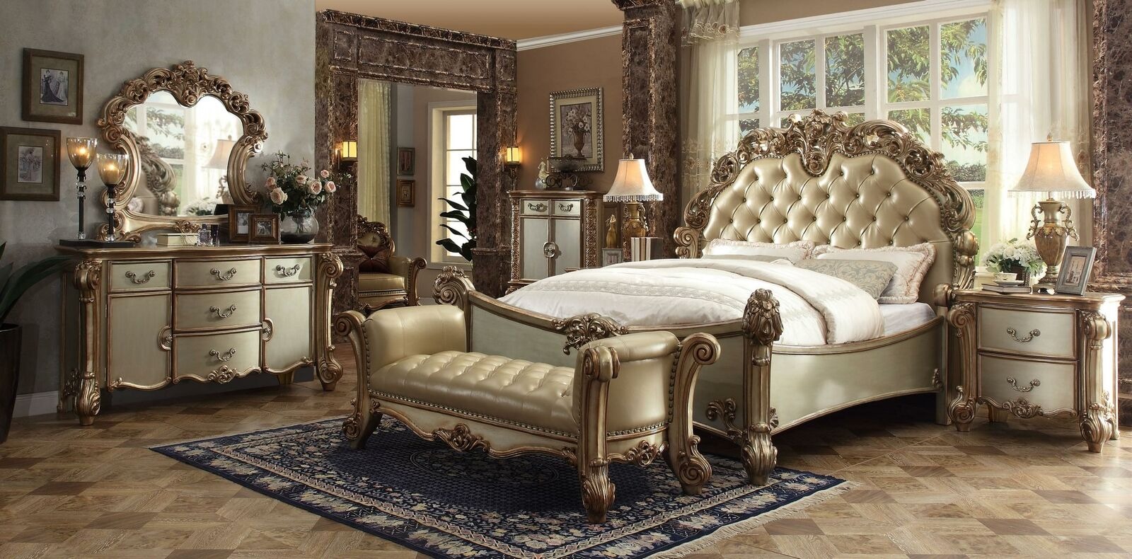 Schlafzimmer Set Komplett Möbel Nachttische Kommode Bett 7 tlg. Holz Barock neu