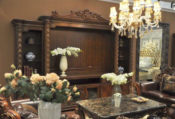 Fernseh Wand Klassisch Wohnwand Echt Handarbeit Holz Vitrine Regal Barock Rokoko