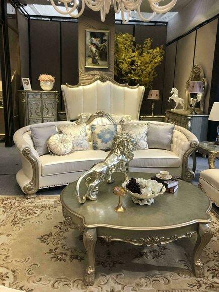 Rund Sofa Holz geschnitzte Viersitzer Couch Leder Chesterfield Wohn Möbel Barock