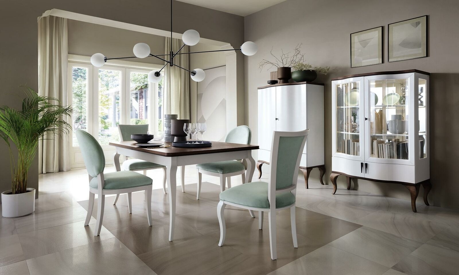 Esszimmer Garnitur Set Klassische Tisch 4x Stühle Vitrine Kommode 7tlg Komplett