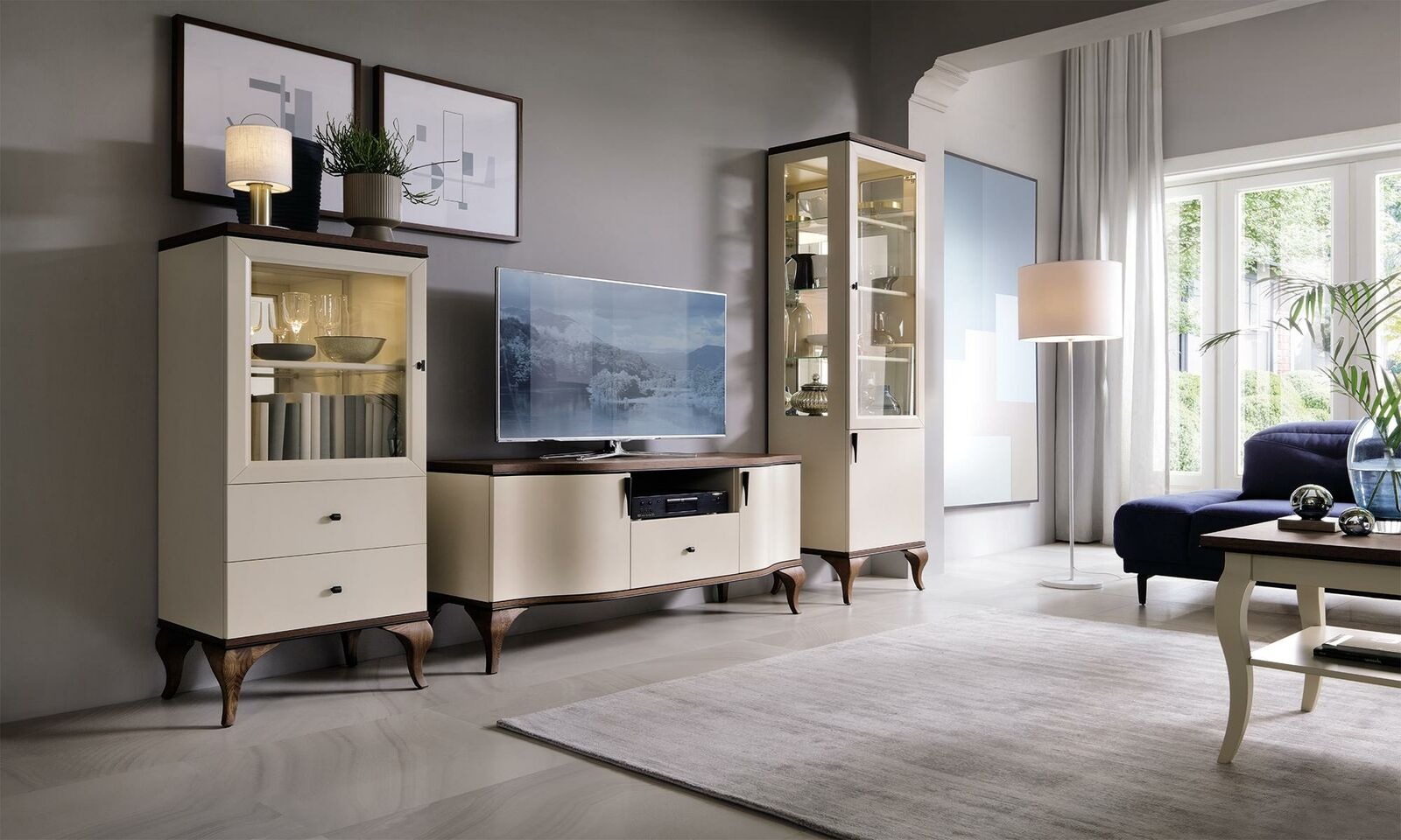 Klassische Wohn Wand Wohnzimmer Vitrine Sideboard RTV Regal Wände Schrank 3tlg.