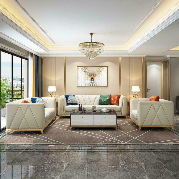 Medusa Edelstahl Leder Sofagarnitur Couch Wohnzimmer Möbel 4tlg Set Garnitur Neu