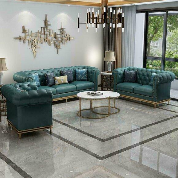 Chesterfield Sofagarnitur Couch Polster Sofa 6tlg. Wohnzimmer Set Tische Leder
