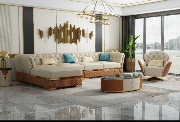 Exklusive Ecksofa Möbel Wohnzimmer Couch Polster Luxus Sofa Eckgarnitur + Sessel