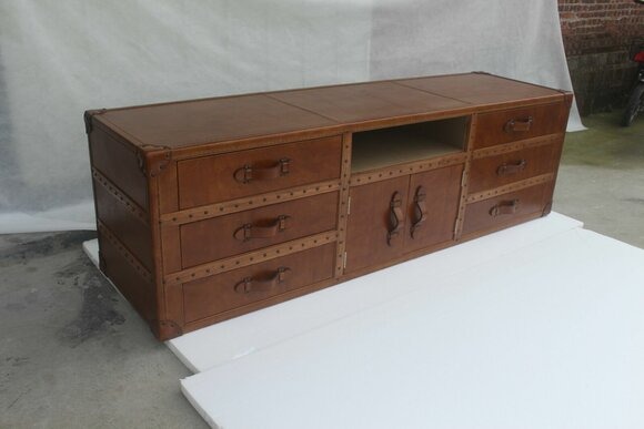 Vintage Kommode Sideboard Leder TV Lowboard Truhe Old Look Style Koffer Tisch
