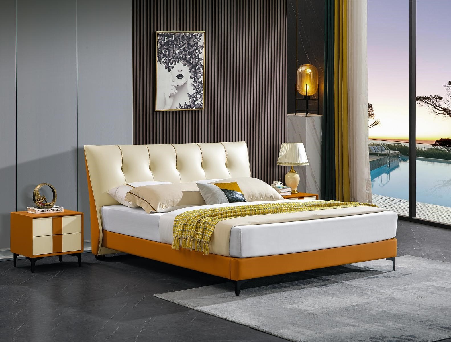 Luxus Lederbett Bett Doppel Ehe Polster Hotel Komplettes Set Nachttische Betten.