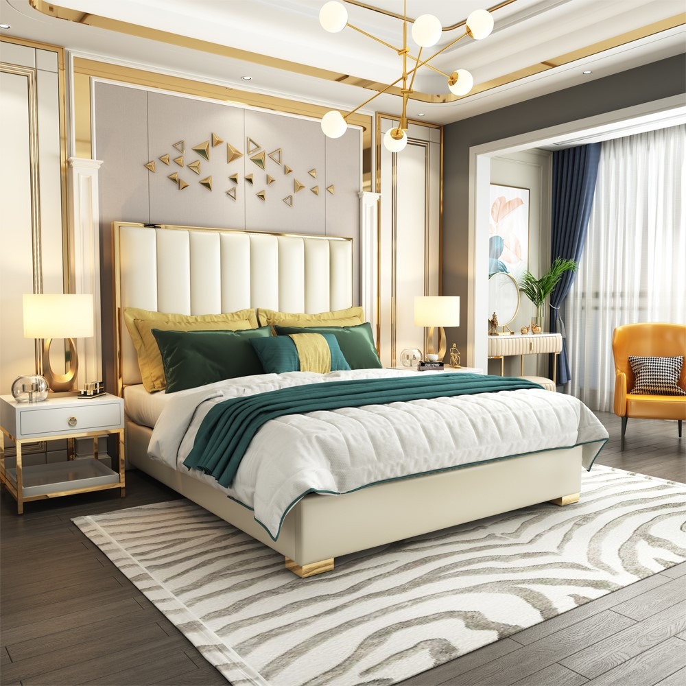 Klassisches Schlafzimmer Bett Weiß Textil Betten Leder Polster Doppel 180x200cm !
