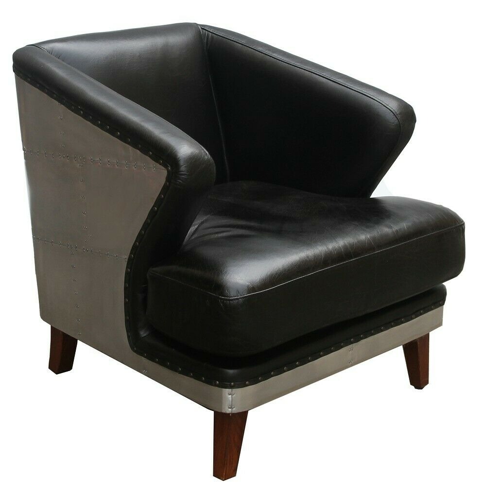 Clubsessel Schwarz Leder Ledersessel Vintage Sessel Möbel Relax Echtleder Luxus