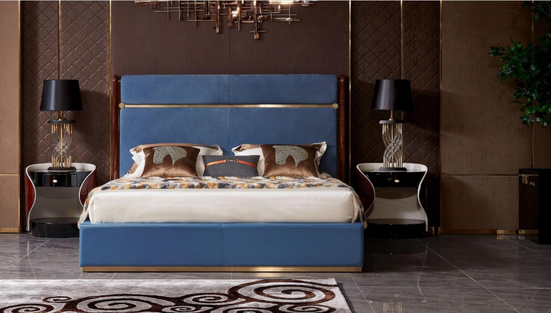 Klassisches Bettgestell Leder Bett Blaue Luxus Betten Schlafzimmer Möbel Doppel