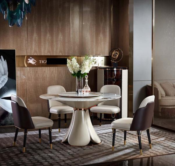 Esstisch 6x Stühle Esszimmer Leder Tisch Stuhl Rund Modern Design Möbel Luxus