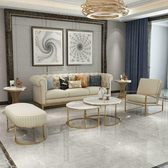 Chesterfield 5tlg. Wohnzimmer Sofa Möbel Sofas Couchen Hocker Couchtisch Tisch
