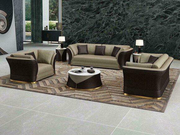 Designer Sofa Couch Polster Garnitur 6tlg. Set Leder Garnituren Couchtisch Tisch