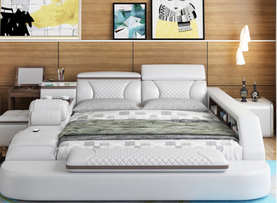 Luxus Bett Bett Leder Betten 180x200 Multifunktion Schlafzimmer Liege Regale
