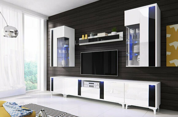 Hochglanz Wohnwand Schrankwand Wohnzimmer Schrank Vitrine Sideboard Wohnwände