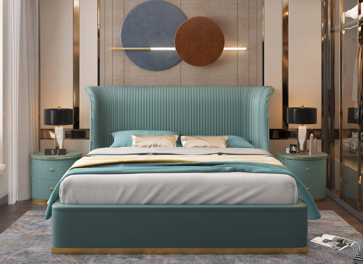 Luxus Schlafzimmer Bett Doppelbett Textil Holz Leder Polster Betten