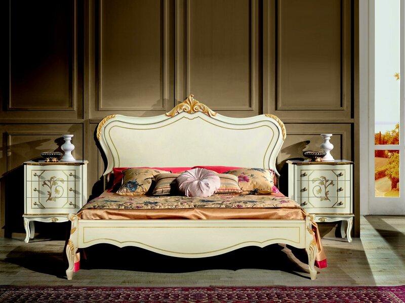 Luxus Bett 160x195cm mit Holz Kopfteil und 2 Nachttischen Italienische Möbel Neu