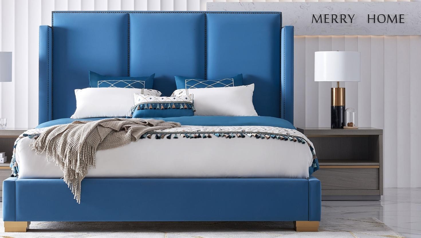 Schlafzimmer Design luxus Bett 180x200 Textil Doppel Bettgestell Blau Betten Neu