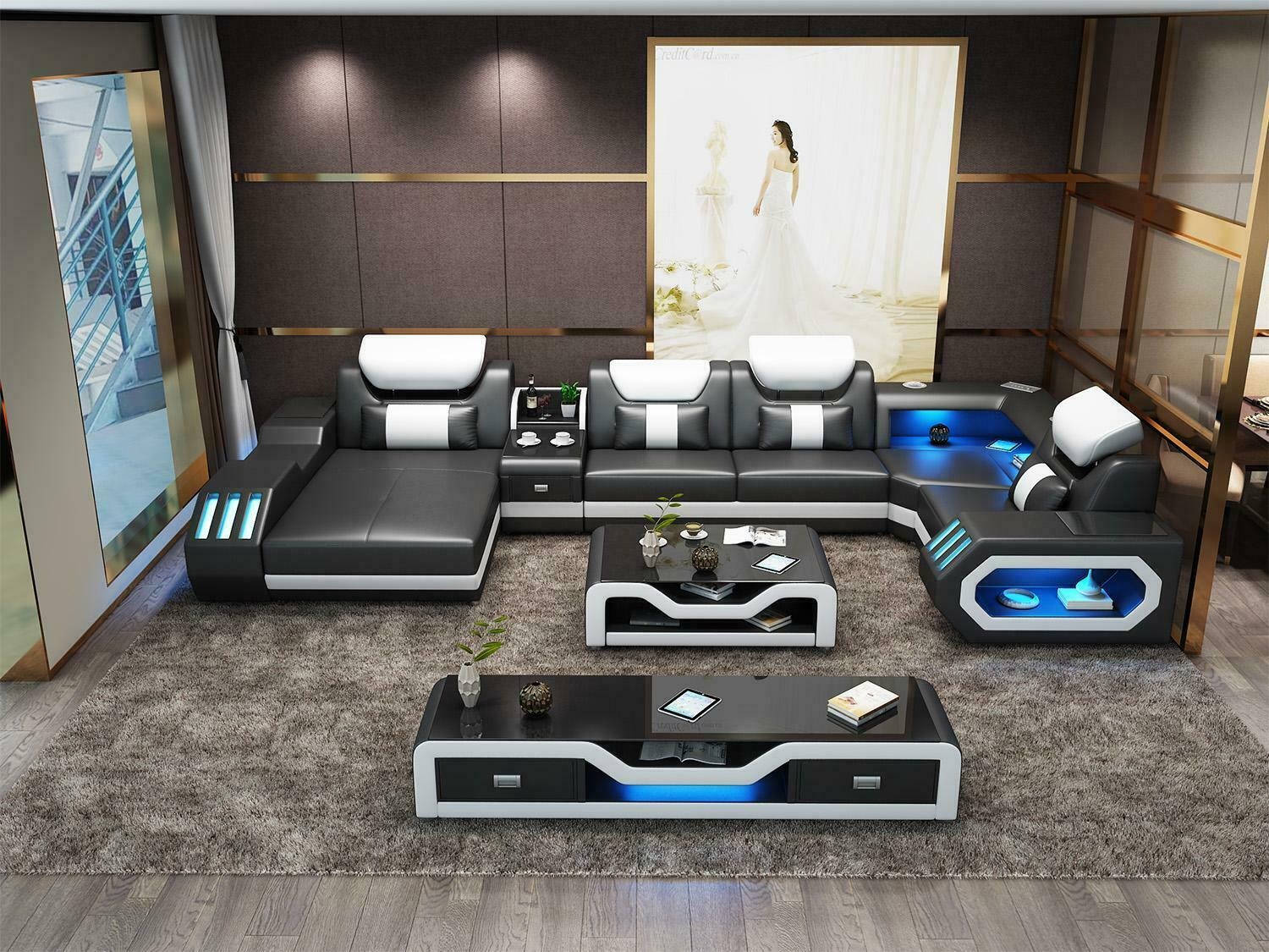 Ecksofa UForm Couchtisch Ledersofa Wohnlandschaft Designer Sofa 2tlg.Set led usb