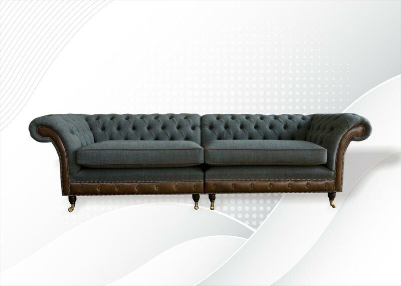 Chesterfield 4 Sitzer Grau xxl big Stoff Wohnzimmer Design Couchen Polster