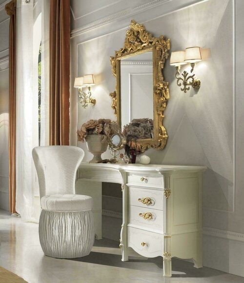 Klassischer Schminktisch mit Spiegel Luxus Konsole Kommode Schlafzimmer Barock Massive Holz