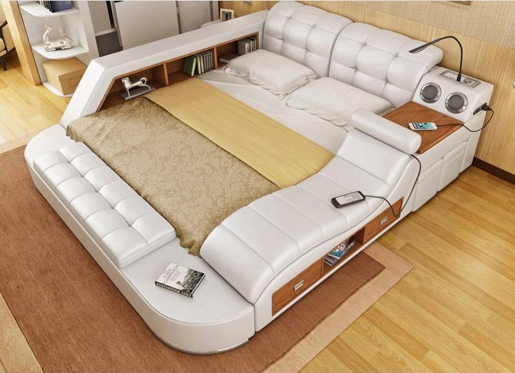 Doppel Luxus Leder Bett + USB Polster Betten Moderne Hotel Multifunktion Regal