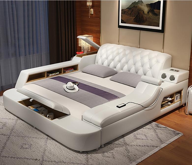 Design Multifunktion Bett XXL Big Betten Leder Hotel Polster 150x200cm Regal USB