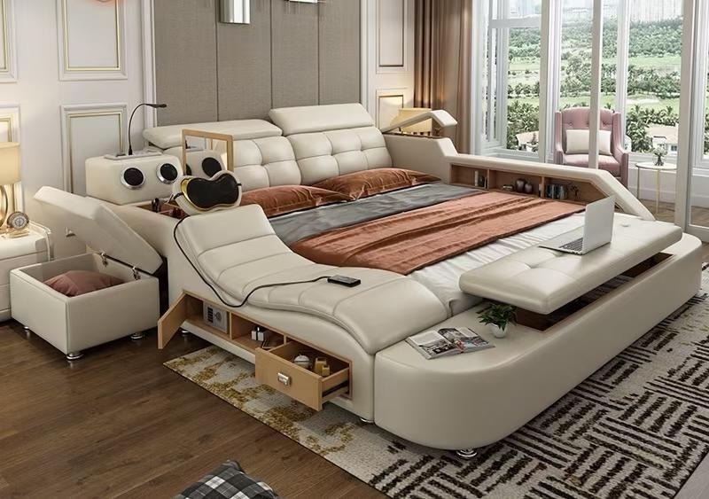 Multifunktions Bett Luxus Design Leder Betten Doppel Regal 180x200cm Safe Neu